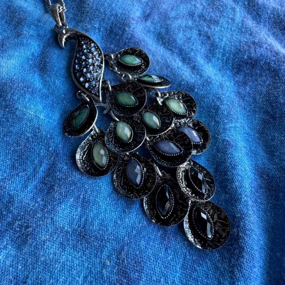 Vintage Peacock Statement Necklace Silver Green Blue Bird Articulated Dangle - Picture 2 of 12